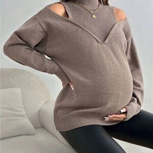 Women's Maternity Brown Off-Shoulder Sweater